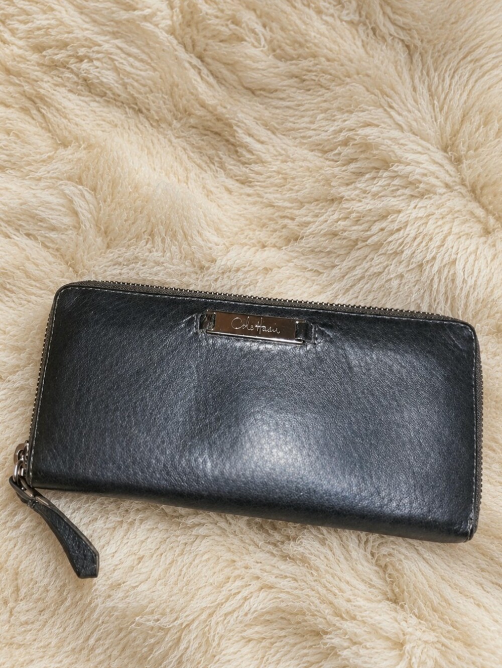 Cole Haan Leather Wallet Continental Wallet Clutch Grey Blue Zip Around